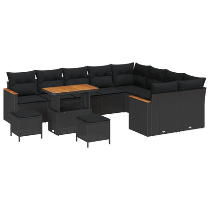 Trädgårdsoffset med kudde med lagring 12 pcs Svart Poly Rattan