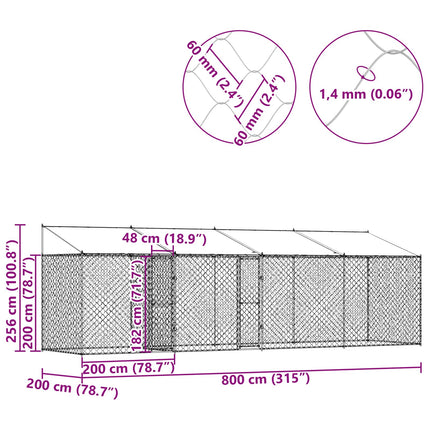 Hundbur med tak Silver 800 x 200 x 256 cm Stål och PE
