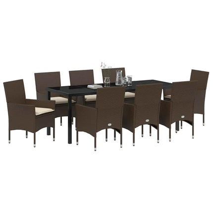 Trädgårdsmöbelset med kudde 9 pcs Brun konstrotting