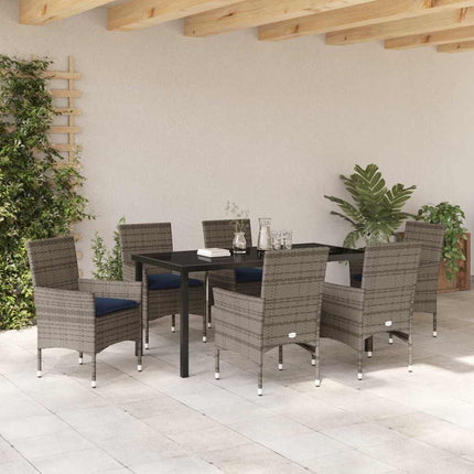 Bord- och stolset med kudde 7 pcs Grå PE Rattan