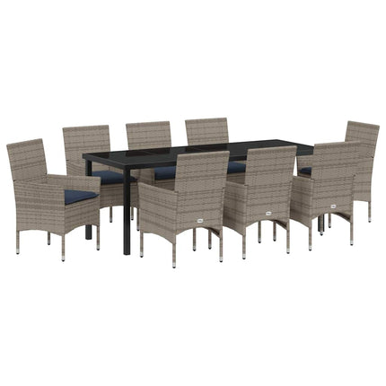 Bord- och stolset med kudde 9 pcs Grå PE Rattan