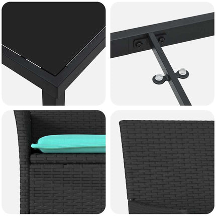 Bord- och stolset med kudde 3 pcs Svart PE Rattan