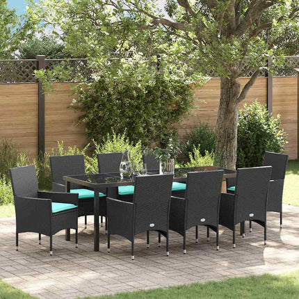Bord- och stolset med kudde 9 pcs Svart PE Rattan