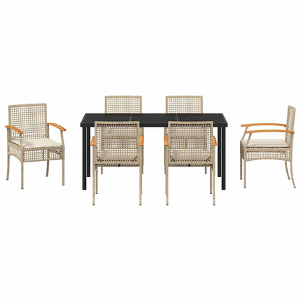 Trädgårdsmöbelset med kudde 7 pcs Beige och svart Rotting