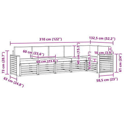 Utomhussoffset 6 pcs Vit och ljusgrå 310 x 132,5 x 73 cm