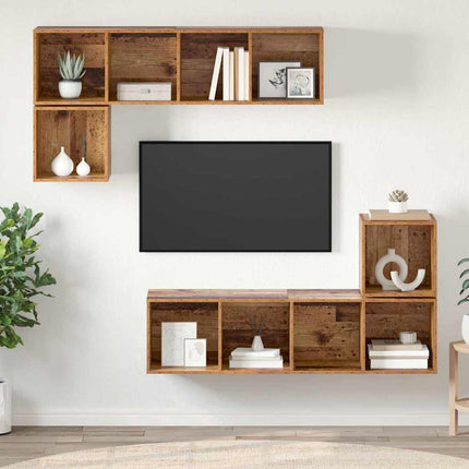 TV-bänkset Väggmonterad 4 pcs Gammalt trä Konstruerat trä