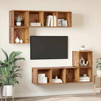 TV-bänkset Väggmonterad 4 pcs Gammalt trä Konstruerat trä