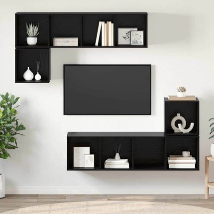 TV-bänkset Väggmonterad 4 pcs Svart Ek Konstruerat trä