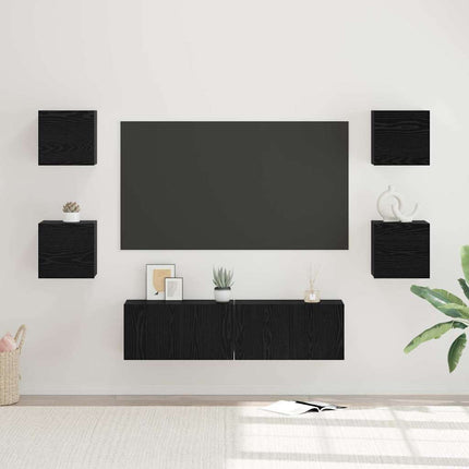 TV-bänkset Väggmonterad 6 pcs Svart Ek Konstruerat trä
