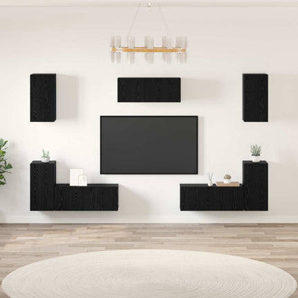 TV-bänkset Väggmonterad 7 pcs Svart Ek Konstruerat trä
