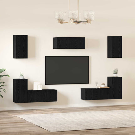 TV-bänkset Väggmonterad 7 pcs Svart Ek Konstruerat trä
