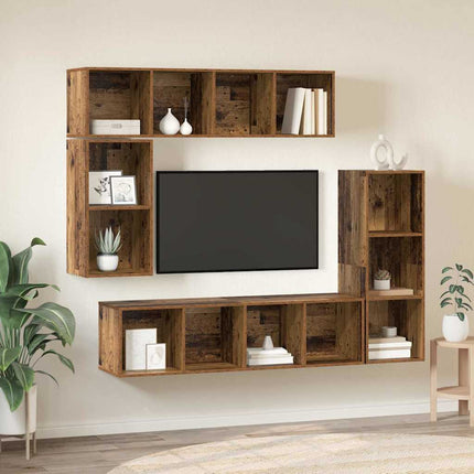 TV-bänkset Väggmonterad 4 pcs Gammalt trä Konstruerat trä