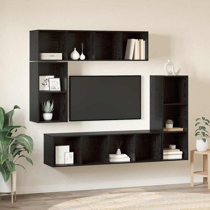 TV-bänkset Väggmonterad 4 pcs Svart Ek Konstruerat trä