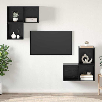 TV-bänkset Väggmonterad 4 pcs Svart Ek Konstruerat trä