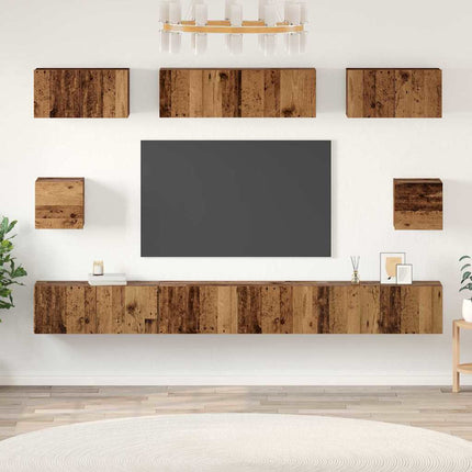 TV-bänkset Väggmonterad 8 pcs Gammalt trä Konstruerat trä