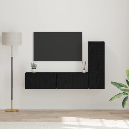TV-bänkset Väggmonterad 3 pcs Svart Ek Konstruerat trä