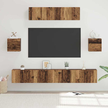 TV-bänkset Väggmonterad 7 pcs Gammalt trä Konstruerat trä
