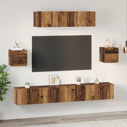 TV-bänkset Väggmonterad 7 pcs Gammalt trä Konstruerat trä