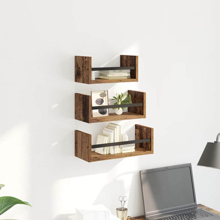 Vägghyllset 3 st Gammalt trä 40x16x14cm Konstruerat trä