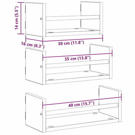 Vägghyllset 3 pcs Gammalt trä 40x16x14cm Konstruerat trä