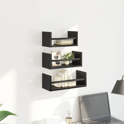 Vägghyllset med hylla 3 pcs Svart Ek 40x16x14cm Konstruerat trä