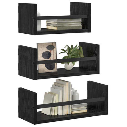 Vägghyllset med hylla 3 pcs Svart Ek 40x16x14cm Konstruerat trä