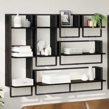 Vägghyllset 6 pcs Svart Ek 100 x 25 x 30 cm Konstruerat trä