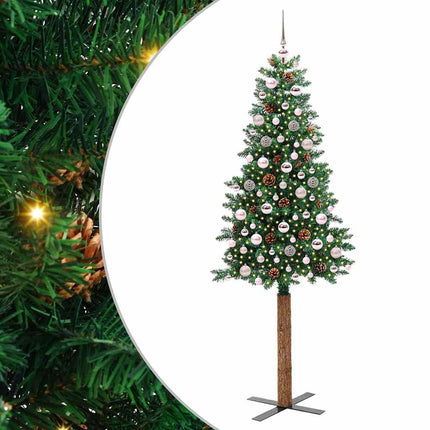 Smal julgran med 300 LED-lampor Grön 210 cm PVC och solid furu