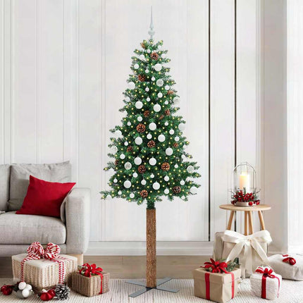 Smal julgran med 300 LED-lampor Grön 210 cm PVC och solid furu