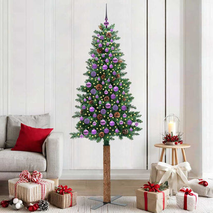 Smal julgran med 300 LED-lampor Grön 210 cm PVC och solid furu