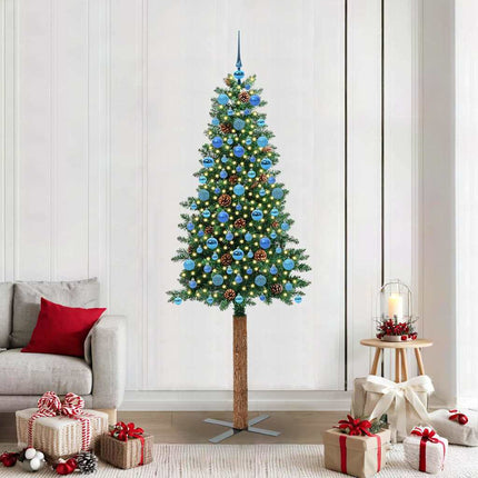 Smal julgran med 300 LED-lampor Grön 210 cm PVC och solid furu