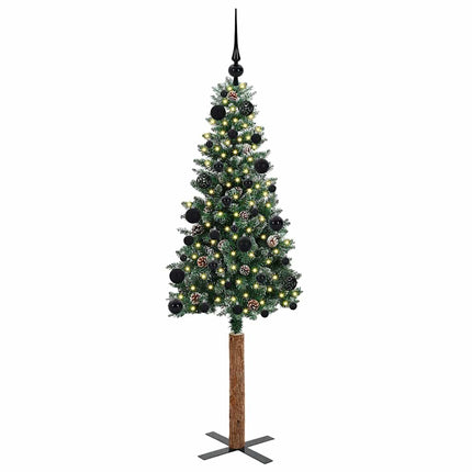 Smal julgran med 150 LED-lampor Grön 150 cm PVC och solid furu