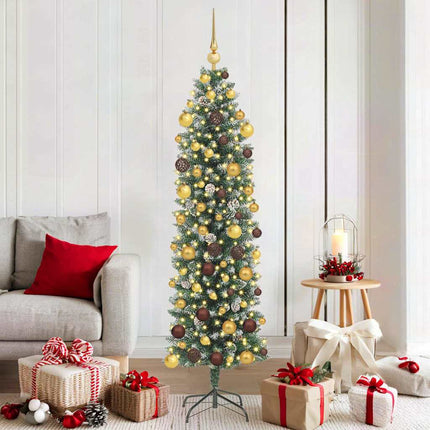 Konstgjort smalt julträd med 300 LED-lampor Grön och Vit 180 cm
