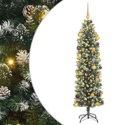 Konstgjort smalt julträd med 300 LED-lampor Grön och Vit 180 cm