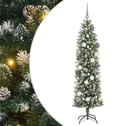 Konstgjort smalt julträd med 300 LED-lampor Grön och Vit 180 cm
