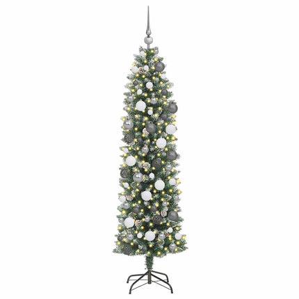 Konstgjort smalt julträd med 300 LED-lampor Grön och Vit 180 cm