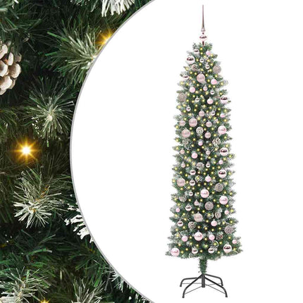 Konstgjort smalt julträd med 300 LED-lampor Grön och Vit 180 cm