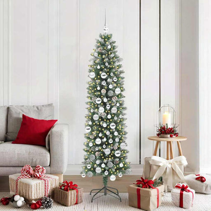Konstgjort smalt julträd med 300 LED-lampor Grön och Vit 180 cm