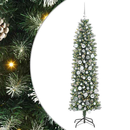 Konstgjort smalt julträd med 300 LED-lampor Grön och Vit 180 cm