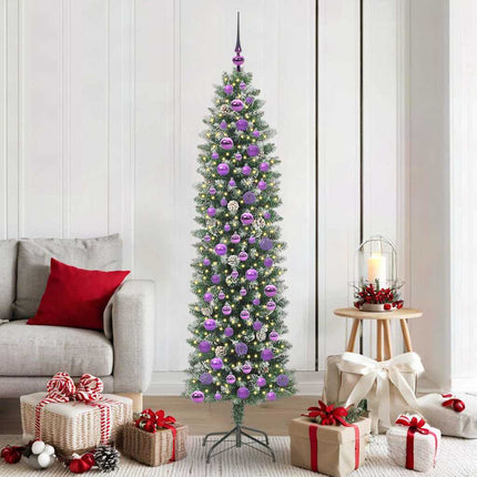 Konstgjort smalt julträd med 300 LED-lampor Grön och Vit 180 cm