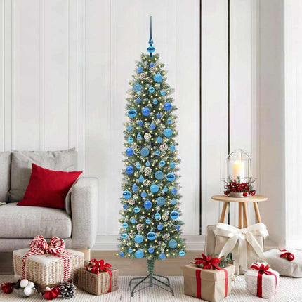 Konstgjort smalt julträd med 300 LED-lampor Grön och Vit 180 cm