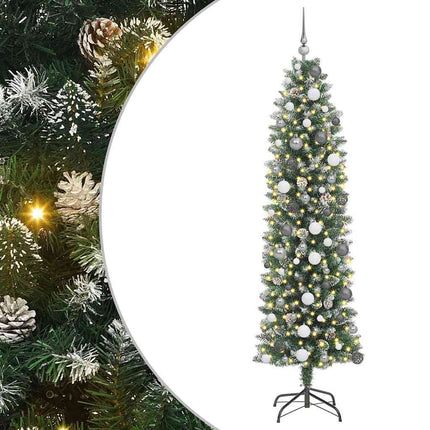 Konstgjort smalt julträd med 300 LED-lampor Grön och Vit 210 cm