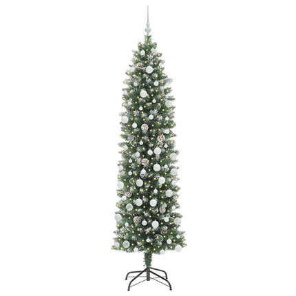 Konstgjort smalt julträd med 300 LED-lampor Grön och Vit 210 cm