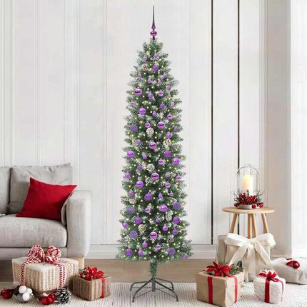 Konstgjort smalt julträd med 300 LED-lampor Grön och Vit 210 cm