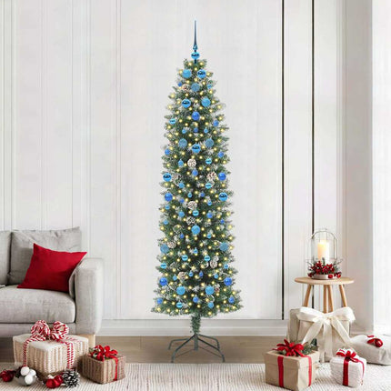 Konstgjort smalt julträd med 300 LED-lampor Grön och Vit 210 cm