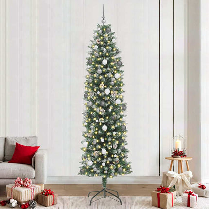 Konstgjort smalt julträd med 300 LED-lampor Grön och Vit 240 cm