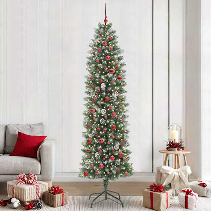 Konstgjort smalt julträd med 300 LED-lampor Grön och Vit 240 cm