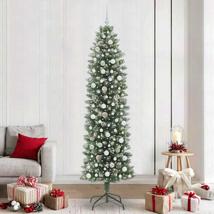 Konstgjort smalt julträd med 300 LED-lampor Grön och Vit 240 cm