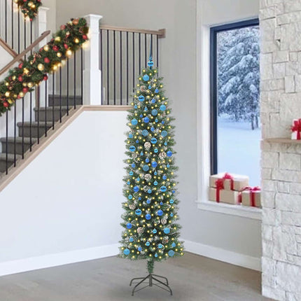 Konstgjort smalt julträd med 300 LED-lampor Grön och Vit 240 cm