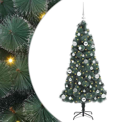 Kunstig förbelyst julgran med bollar med stativ Grön 150 cm PET